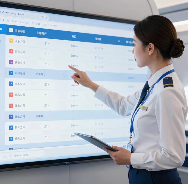 Professional travel consultant in a crisp uniform reviewing flight paths on a clean digital screen, high-key studio lighting