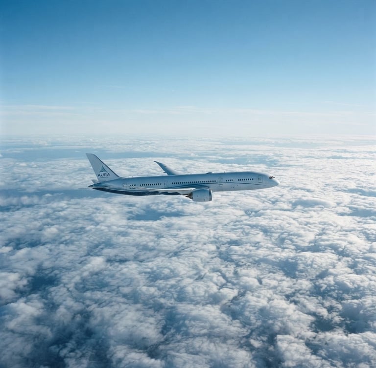Sleek commercial jet aircraft flying high above crisp morning clouds, cool blue sky, premium editorial travel photography, 35mm