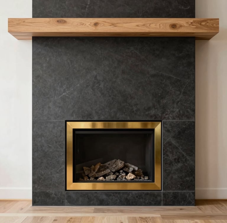 Straight-on architectural detail shot of a custom minimalist fireplace, seamless brass inlay between dark stone and light oak, soft daylight