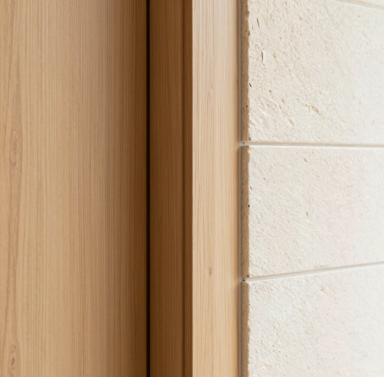 Close-up architectural photography of precise material joints, wood panel meeting a smooth natural stone wall, soft warm side lighting, sharp focus