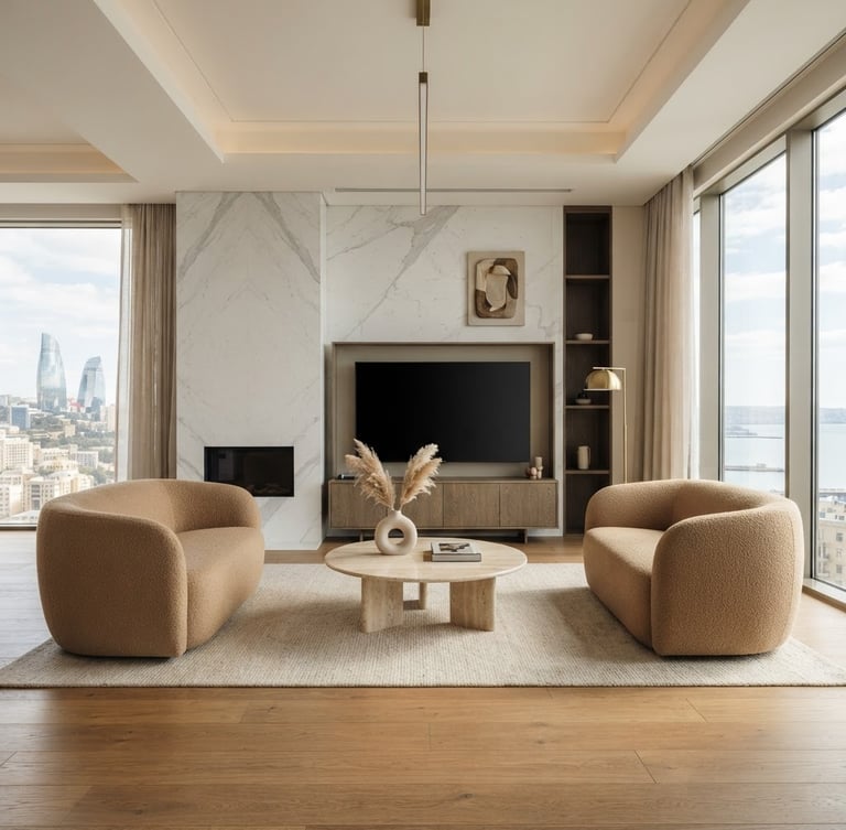 Symmetrical architectural shot of a luxury modern Baku apartment living room, warm sand tones, oak wood flooring meeting white marble wall panel with perfect precision, soft daylight, 35mm lens