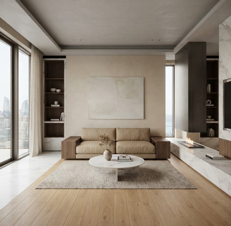 Symmetrical straight-on architectural photography of a modern minimalist living room in Baku, soft natural daylight, wood and marble material transitions, 35mm lens