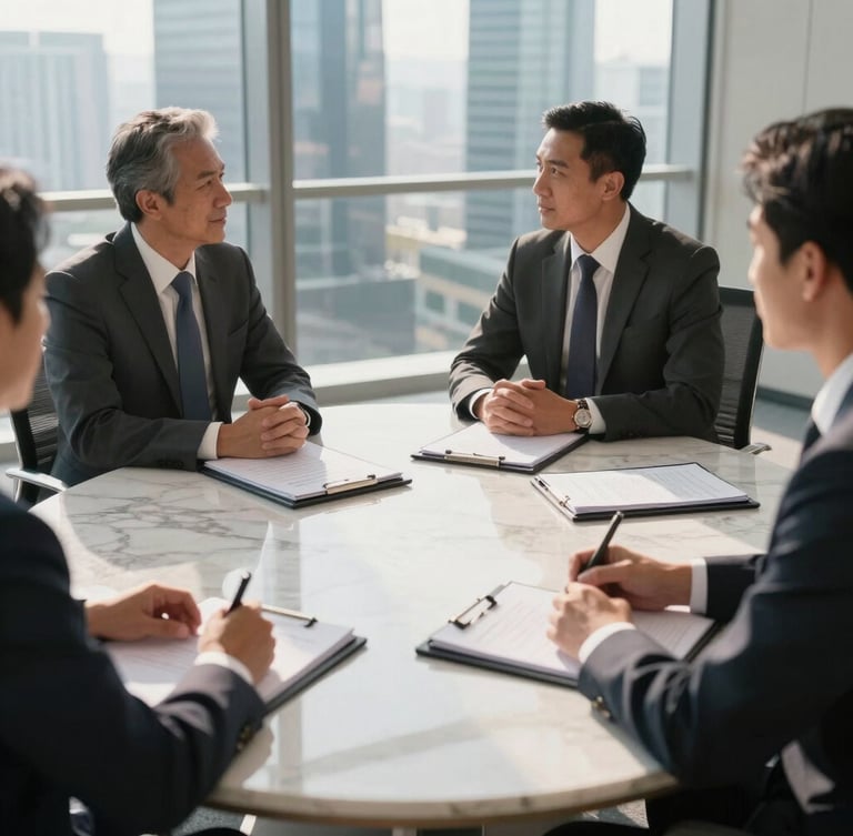 A professional bilateral business negotiation in a modern Jakarta high-rise boardroom, warm morning sunlight, structured legal folders on a clean marble table, highly professional atmosphere.