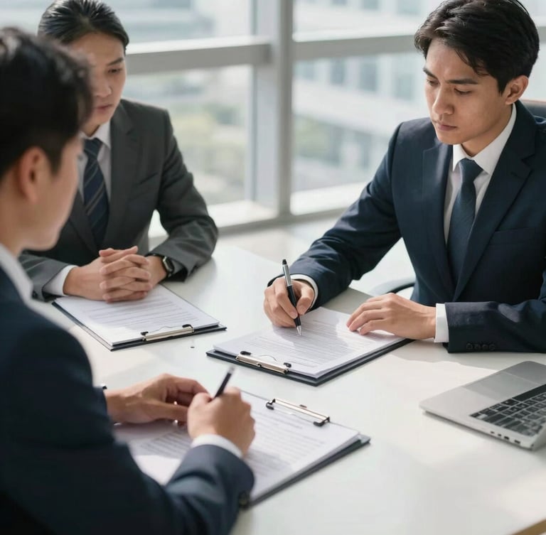 A professional bilateral business negotiation in a modern Indonesian corporate office, bright natural daylight, clean legal and financial documents on the table.