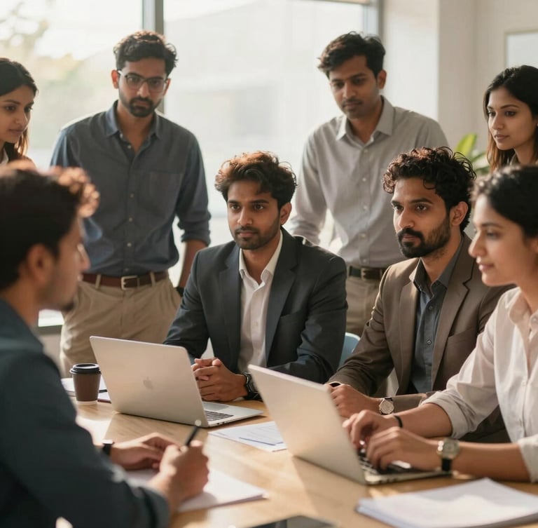 A diverse group of Indian professionals in a modern office setting, discussing strategy, warm daylight, shallow depth of field, looking engaged and purposeful.