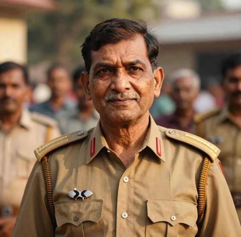 Medium-close portrait of a dignified retired Indian army veteran, looking directly at the camera with a subtle smile, warm golden-hour light, shallow depth of field, in a community setting, authentic tones.