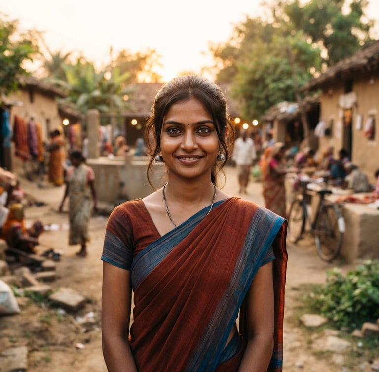 Dignified portrait of a young woman in a rural Indian village, looking hopefully towards the camera, natural golden-hour daylight, shallow depth of field, active community development in soft focus background.