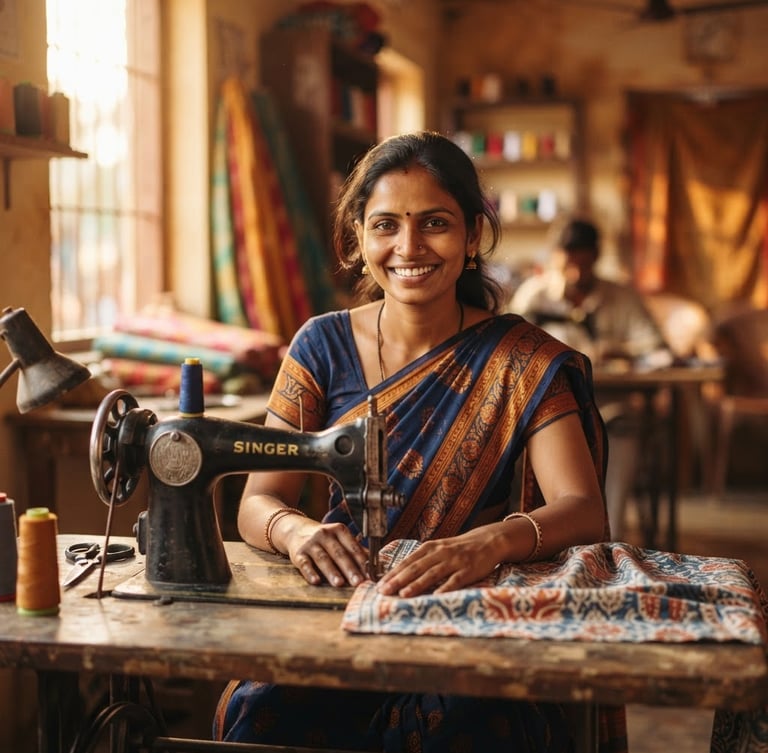 A hopeful Indian woman in her late 20s, dressed in traditional attire, smiling confidently while working at a sewing machine in a well-lit community workshop. Natural golden-hour light, shallow depth of field, 35mm.