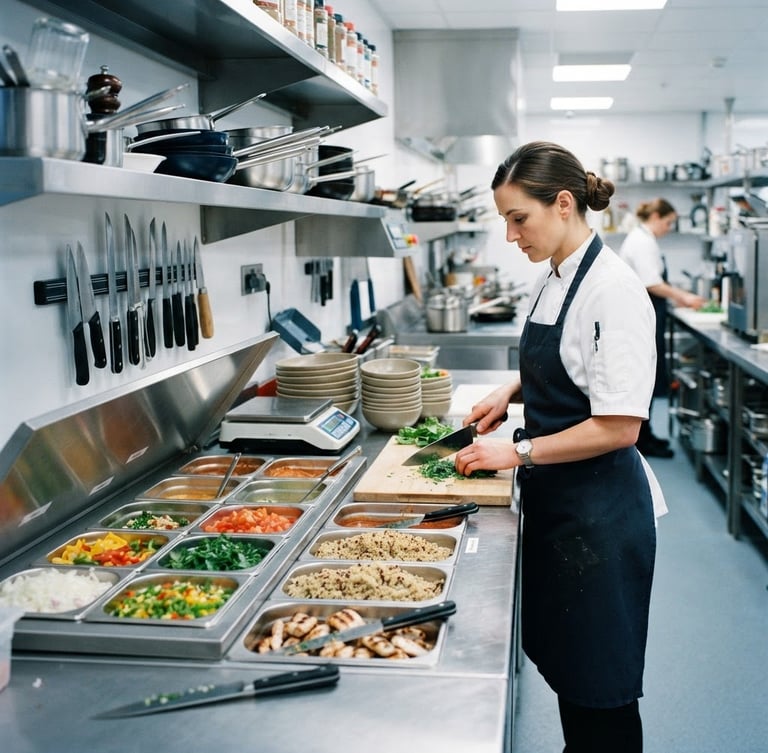 Bright commercial kitchen prep station, stainless steel counters, organized trays, professional clean lighting, 35mm
