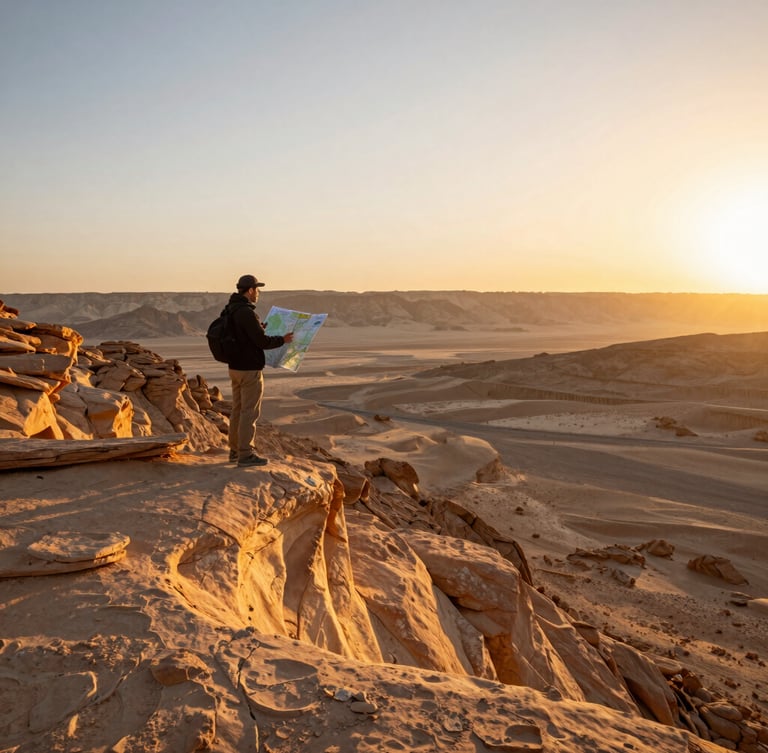 Wide environmental shot of a desert ridge in the Negev at sunrise, a guide standing on the edge looking at a topographic map, warm golden light raking across sandstone, vast empty canyon below.