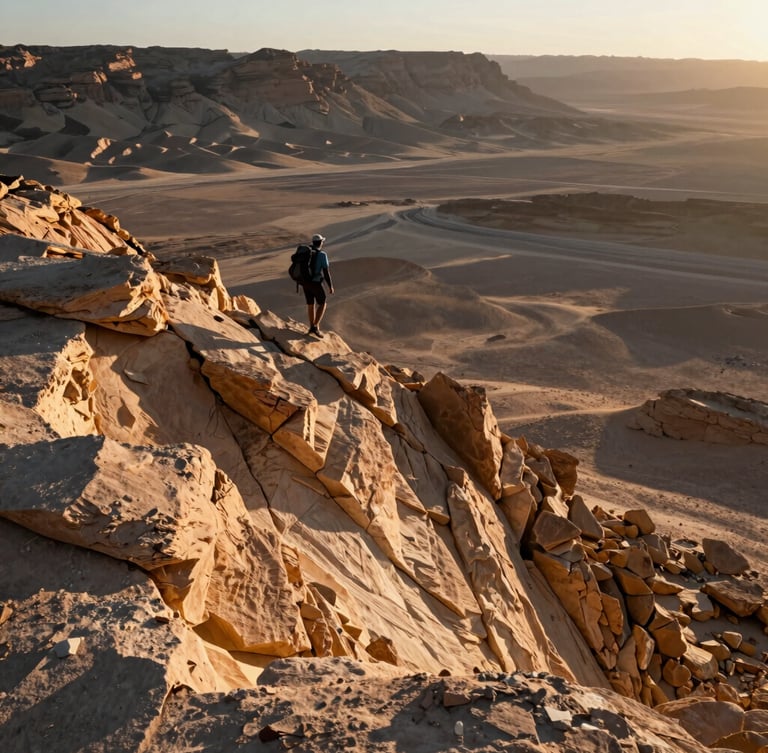 Wide environmental shot of a lone hiker navigating a razor-sharp limestone ridge in the Negev desert at sunrise, long shadows, vast empty crater in the background, high contrast, cinematic.