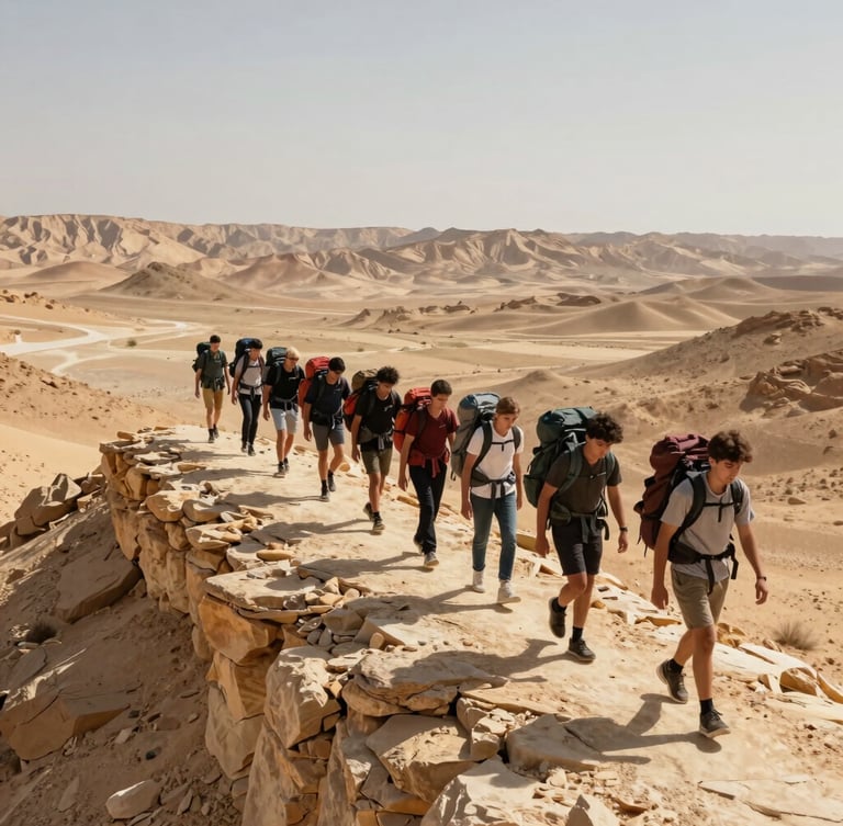 Wide shot of youth group traversing a knife-edge limestone ridge in the Negev desert under harsh midday sun, carrying heavy expedition backpacks, looking focused.