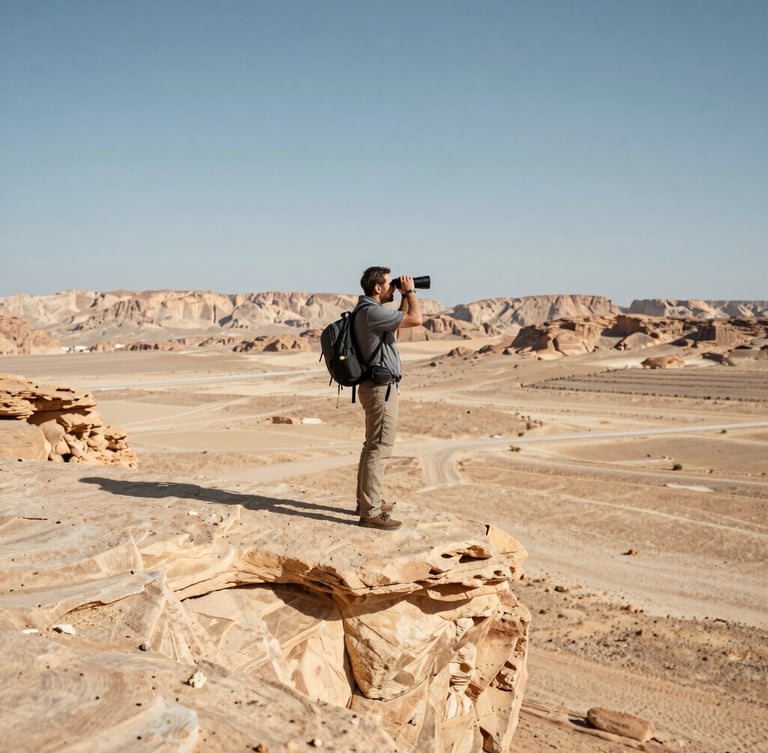 Dramatic wide-angle shot of an outdoor instructor standing on a sheer sandstone cliff edge in the Negev desert, looking through binoculars, harsh midday sun casting deep shadows