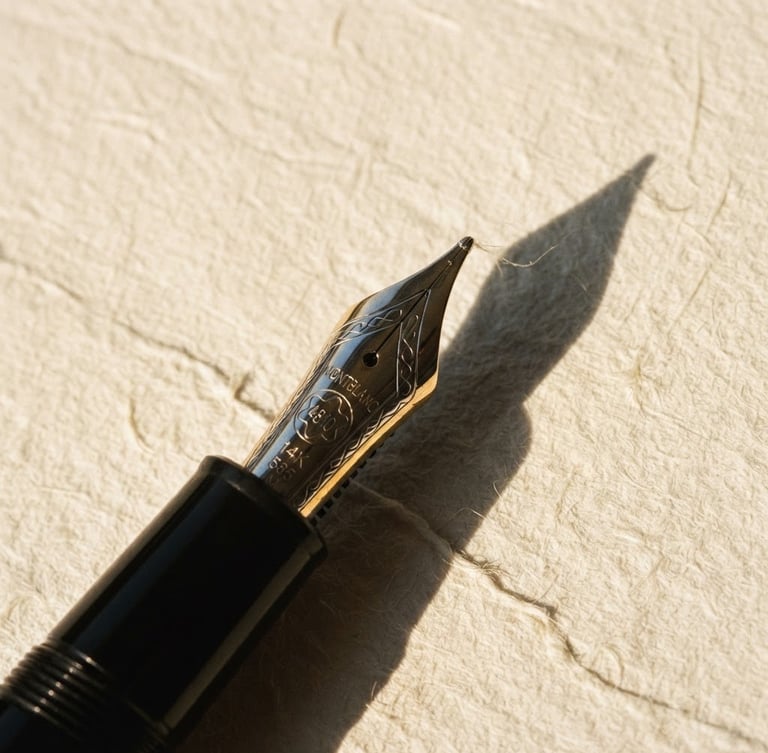 Extreme close-up of a fountain pen nib resting on heavy textured cream paper, sharp directional late-afternoon sun, long geometric shadows, 35mm lens
