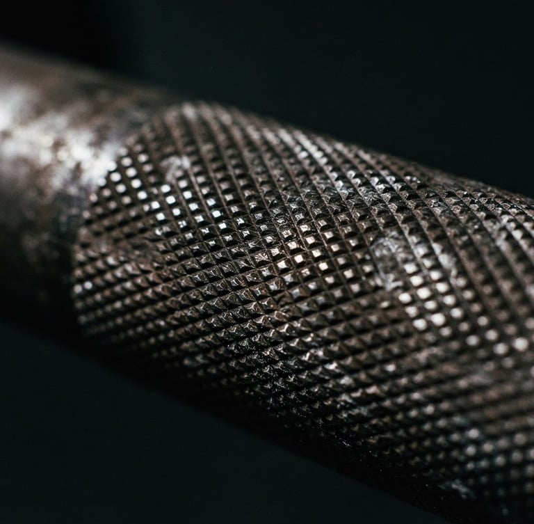Macro close-up of deep knurling on a raw steel barbell, dramatic low-key side lighting, metallic sheen, dark charcoal background
