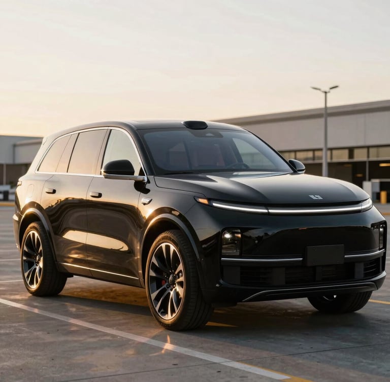 A pristine black executive SUV parked curbside at San Diego Airport, gleaming polished chrome details, soft morning golden hour light.