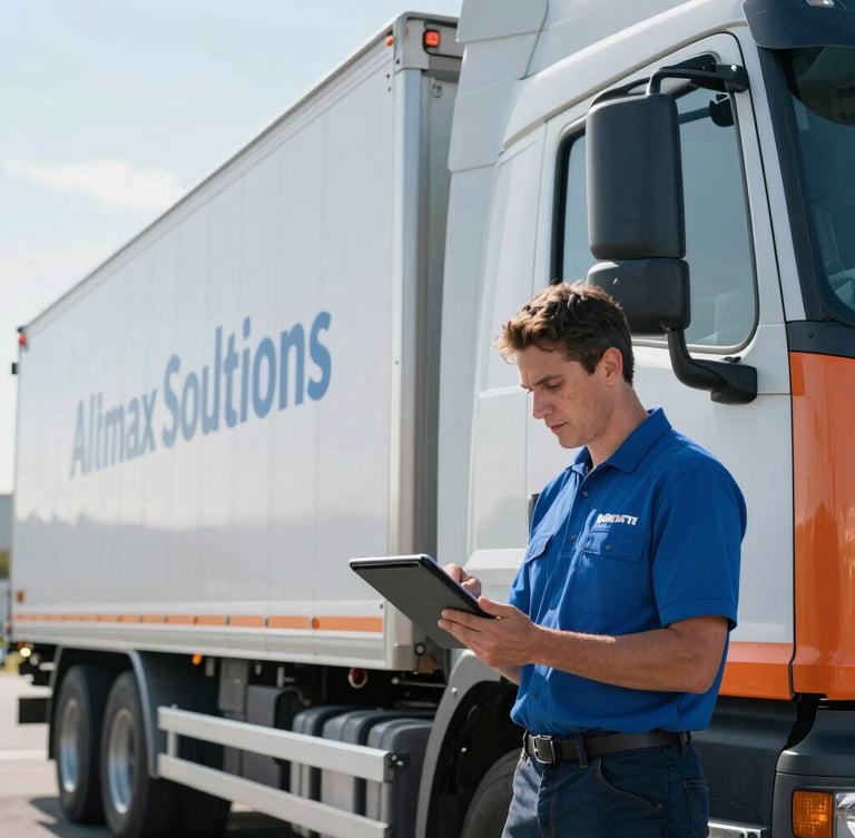 Professional Altimax Solutions driver in uniform checking the manifest on a tablet next to a clean commercial truck, crisp morning daylight, cool blue and industrial orange tones, sharp focus, 35mm.