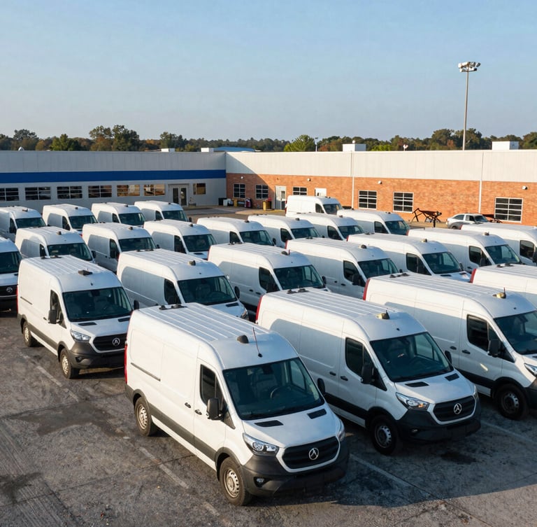 Wide environmental shot of Altimax Solutions fleet vehicles parked at a modern logistics hub in Columbia, Maryland, under crisp morning daylight, with a dispatch office building in the background.
