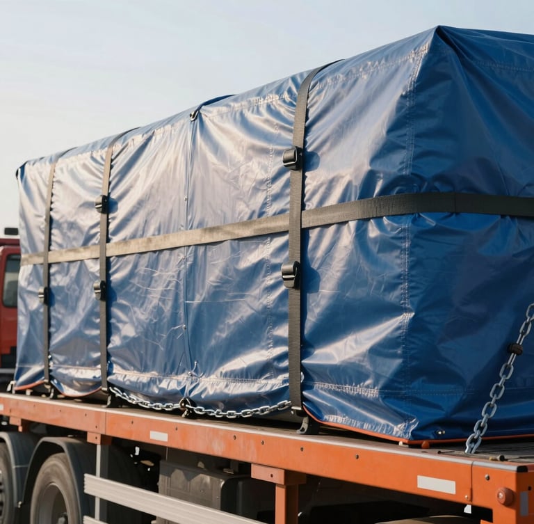 Portrait-oriented shot of secured cargo on a flatbed trailer, covered with a tarp, showing heavy-duty straps and chains. Focus on the securement details. Crisp morning daylight, industrial orange accents.