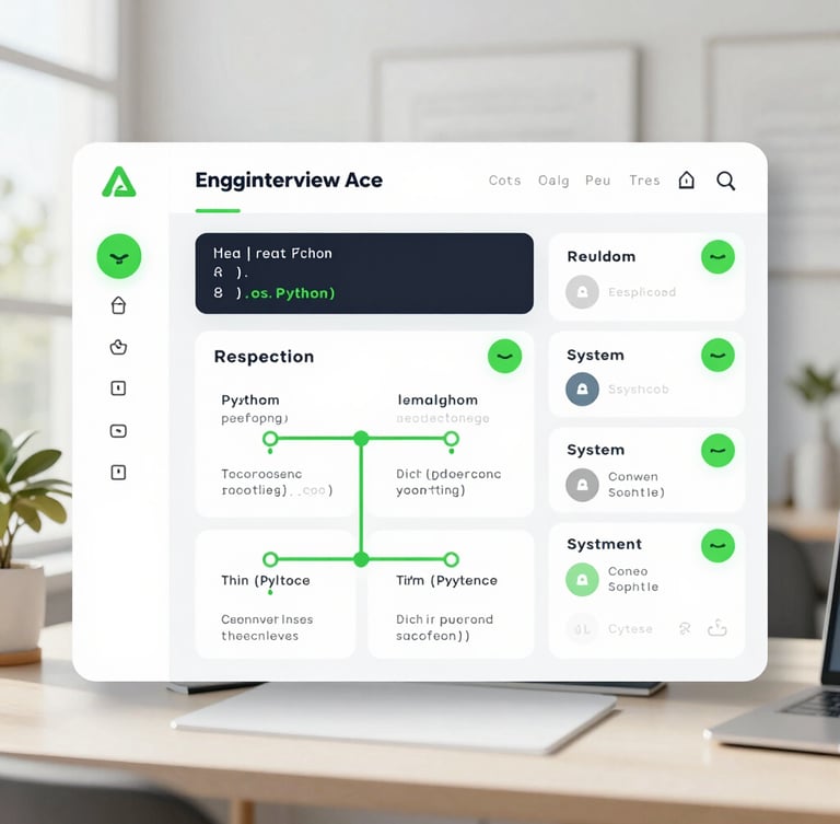 Straight-on crisp UI mockup of EnggInterviewAce showing real-time Python code evaluation, green success indicators, and structured system design feedback loops, bright daylight