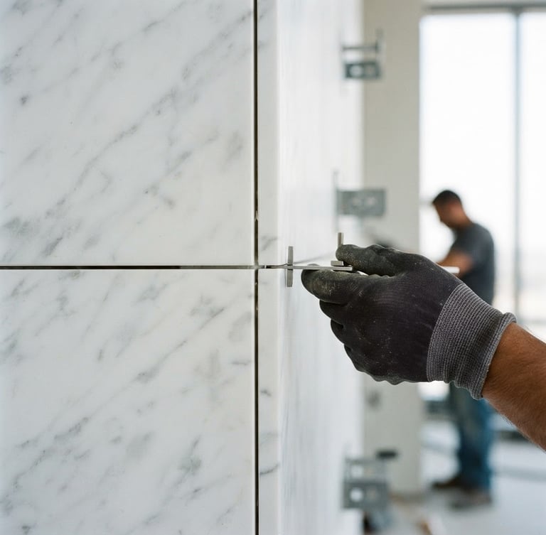 Macro photograph of a pristine white marble slab being installed with high-contrast architectural lighting, crisp technical precision, 35mm lens