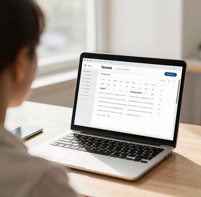 Over-the-shoulder shot of a clean modern dashboard interface on a laptop screen, soft natural window light reflecting on the desk, professional remote workspace, 35mm.