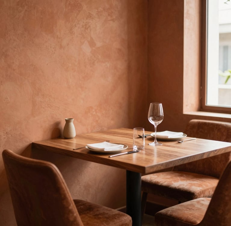 Warm inviting dining room corner of Lotus Plaza, minimalist contemporary Indian decor, terracotta accents, soft diffused daylight