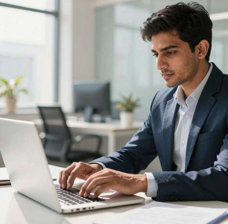 Close-up shot of a focused young Pakistani professional working on a laptop in a bright, sunlit modern workspace in Lahore, clean professional photography