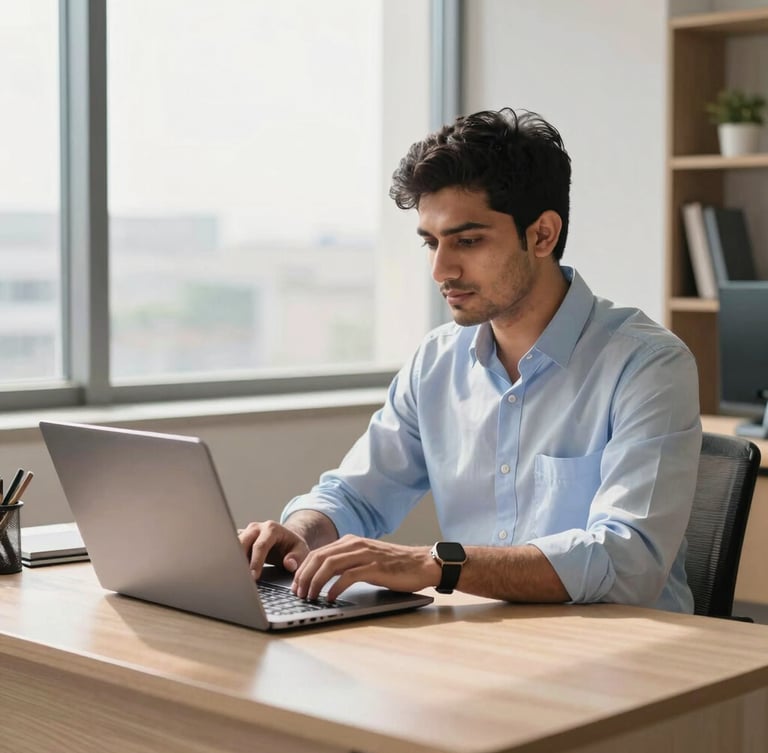 A focused young Pakistani professional working at a clean wooden desk with a laptop, bright natural daylight streaming through a large office window in Lahore, 35mm photography.