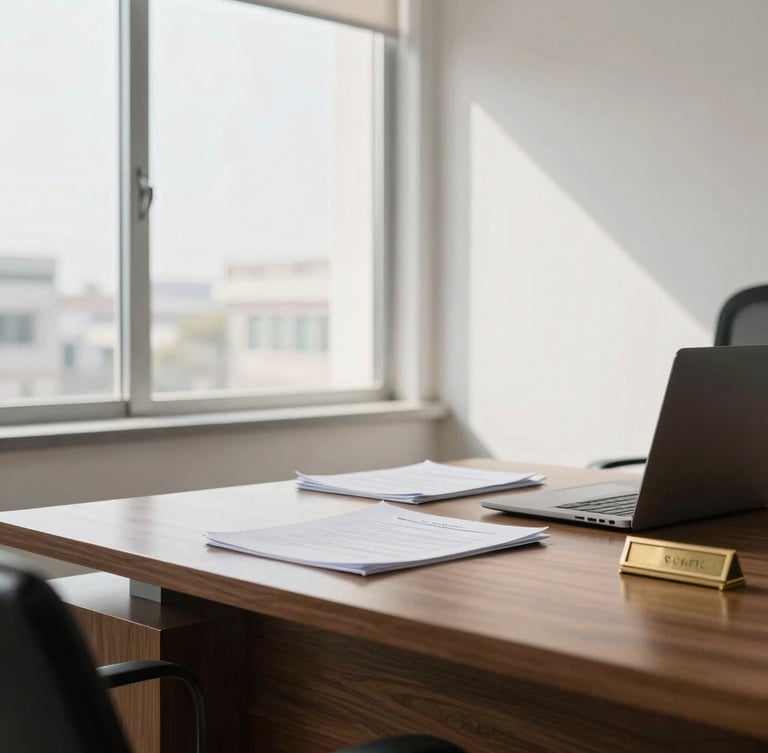A clean, bright administrative office in Islamabad, natural daylight streaming through large windows, modern wooden desk with official documents, laptop, and a brass nameplate, 35mm photography