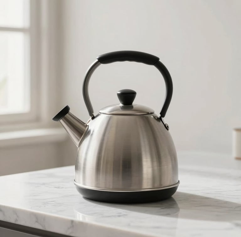 A close-up of a modern brushed-steel kettle on a clean marble countertop, soft morning light filtering through a window, minimalist styling, 50mm