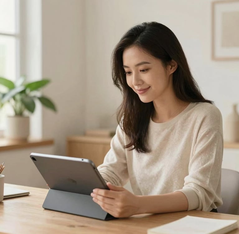 A woman smiling softly, looking down at a tablet in a beautifully lit, warm minimalist home office with plants, soft daylight, beige tones, 35mm