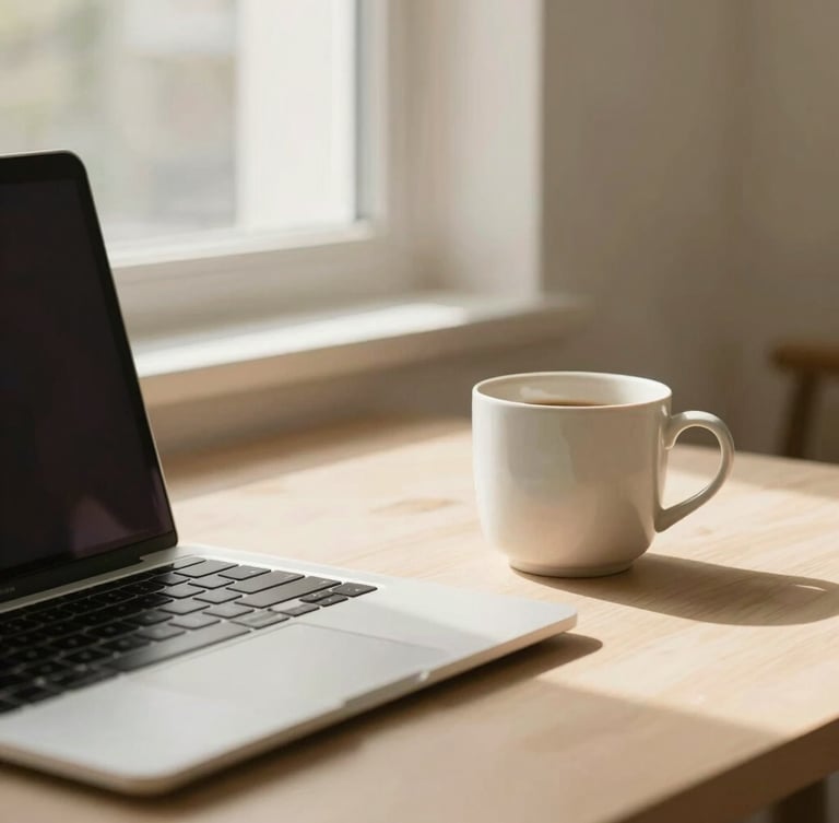 Warm editorial photography of a clean, minimalist workspace with a laptop, a ceramic coffee cup, and soft natural morning light filtering through a window, beige tones, shallow depth of field, 35mm