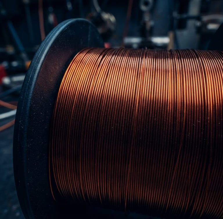 Extreme macro photography of perfectly aligned copper wire wound on a black bobbin, dramatic workshop lighting with warm copper-orange reflections and deep blue shadows, highly detailed, 50mm