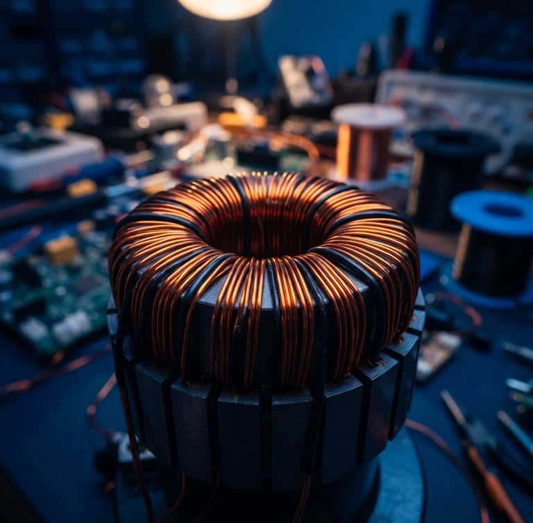 Macro photography of copper coils perfectly wound on a small silicon steel core, glowing orange highlights from workshop lighting, deep blue ambient shadows, highly detailed, 50mm, technical workspace background.