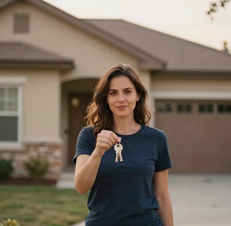 Authentic portrait of a woman standing proudly in front of her new house, holding keys, soft natural afternoon light, warm earth tones, shallow depth of field.
