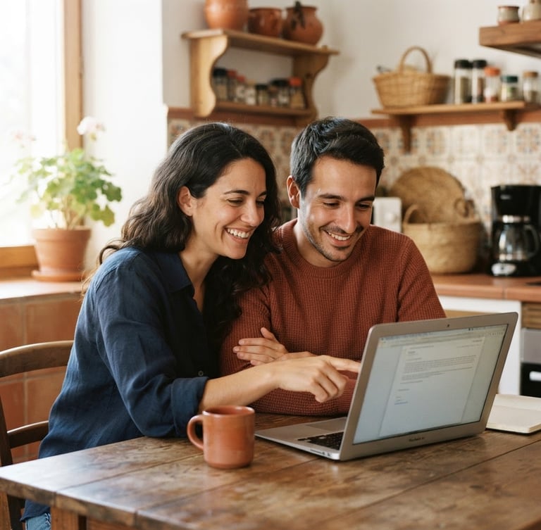 Authentic medium close-up of a Spanish-speaking couple sitting in their sunlit kitchen, looking at a laptop with relief, warm morning light, soft terracotta accents.