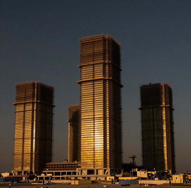 Wide cinematic architectural shot of a massive Saudi infrastructure project under golden hour light, scaffolding rising against a deep dark sky, gold-toned sunset reflections on concrete structures.