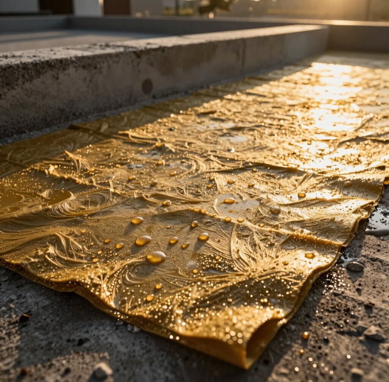 Macro close-up of premium textured waterproofing insulation material being applied to a concrete foundation under intense golden sunlight, water droplets repelling off the surface, professional industrial setting