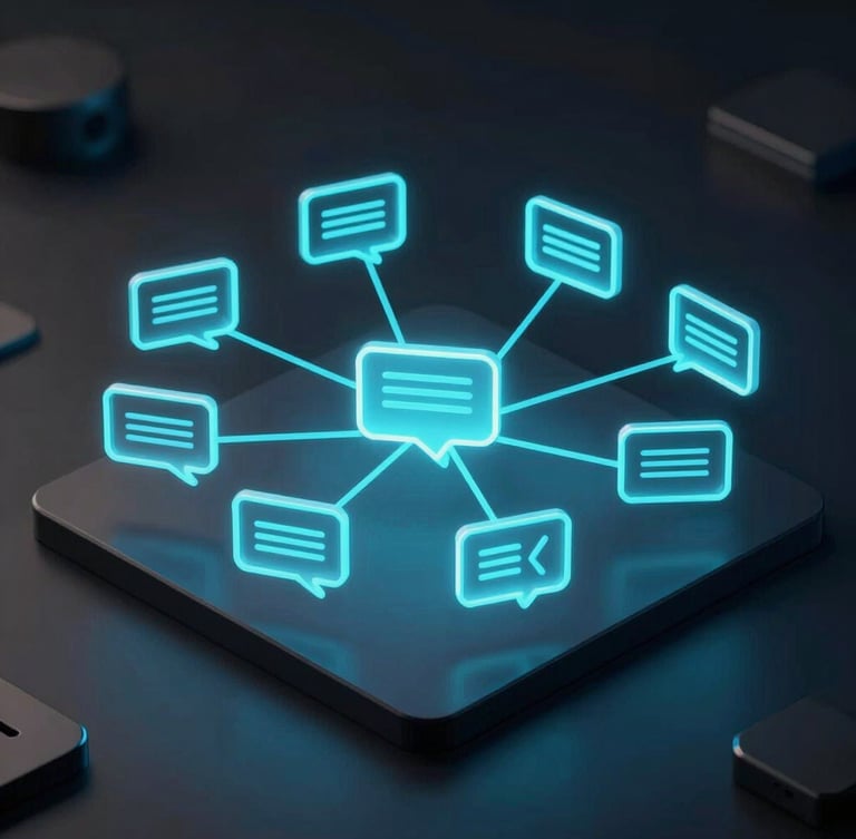 Isometric view of a clean node-based AI conversation builder, self-illuminating cyan connection lines, dark ambient background.