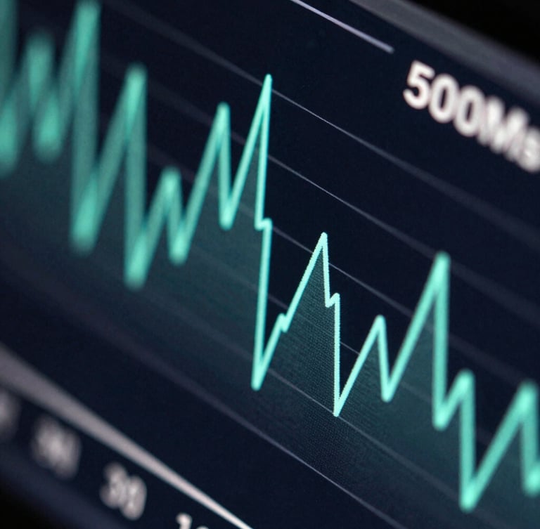 Macro cropped isometric view of a real-time latency graph showing sub-500ms data spikes, neon cyan lines on a dark obsidian background, sharp digital interface.