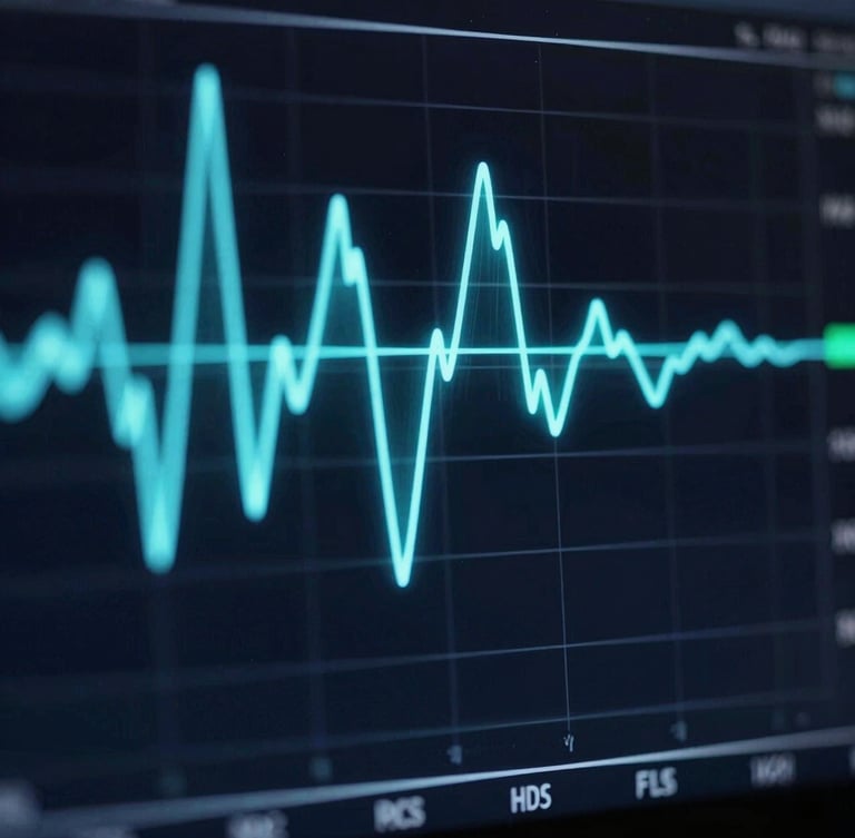 Macro crop of a real-time voice latency graph, glowing electric cyan waves on a deep obsidian background, sharp UI elements.