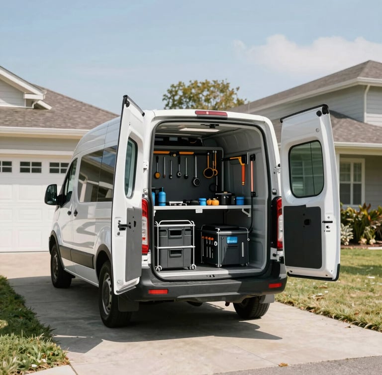 A clean, branded mobile service van parked in a residential driveway under bright daylight, tools organized neatly in the open rear doors, wide environmental shot.