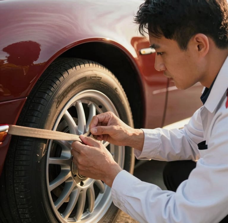 A professional driver in a clean uniform carefully examining and securing the wheel of a classic car with a soft-tie strap, close-up shot