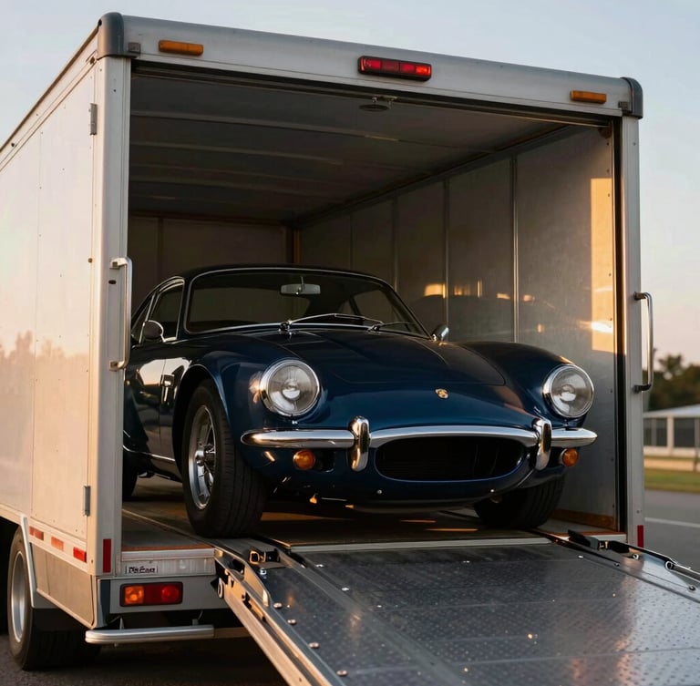 Low-angle dramatic shot of a vintage classic sports car being carefully loaded into a pristine, climate-controlled enclosed trailer at golden hour, shallow depth of field