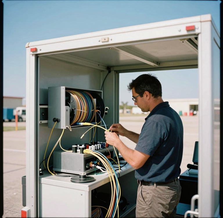 A professional technician inside a specialized fiber splicing trailer testing fiber optic cables under bright Texas daylight, sharp industrial photography, 35mm