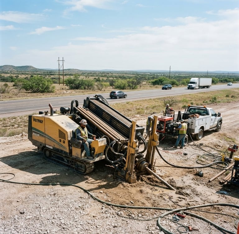 A heavy horizontal directional drilling rig operating on a wide Texas roadside under bright daylight, sharp industrial photography, 35mm wide-angle lens