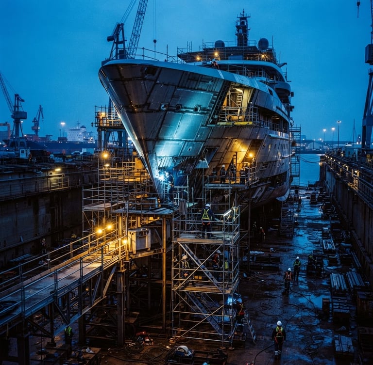 Cinematic industrial photography of a massive luxury superyacht hull under construction in a drydock, dramatic cool blue twilight lighting with sharp safety yellow warning lights, 35mm lens