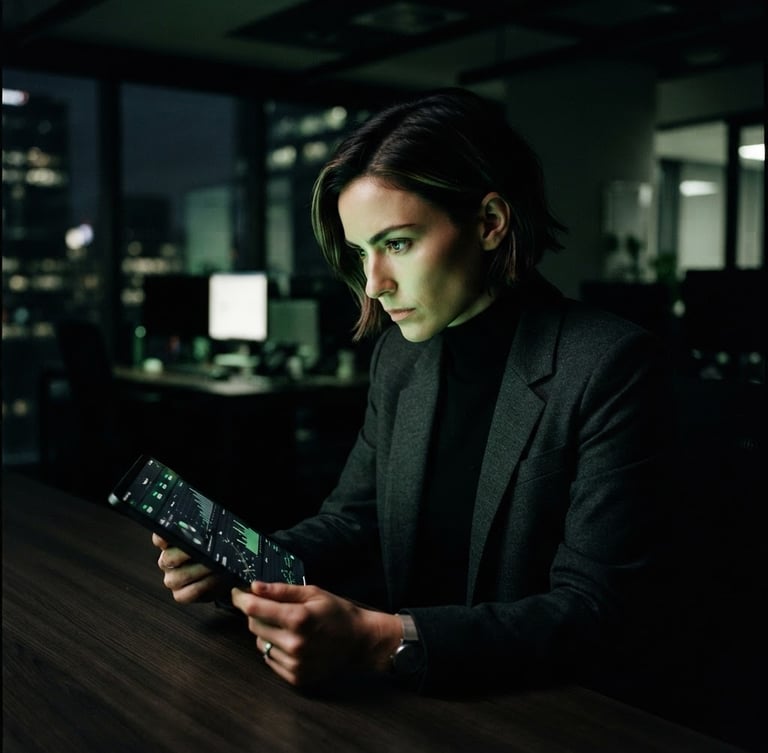 A sharp, high-contrast portrait of a modern sales professional looking intently at a tablet screen. Low-key dramatic lighting with a subtle neon green glow reflecting on their face, dark office background, 35mm.