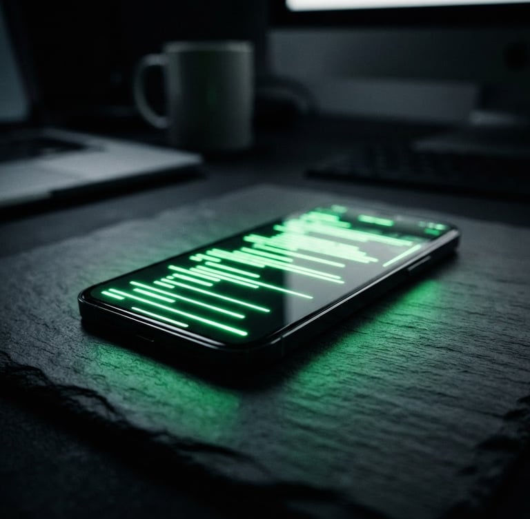 Tight macro shot of a modern smartphone displaying a clean, high-contrast sales script with neon green highlight lines, resting on a dark slate desk, dramatic side lighting, 35mm